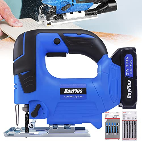 Cordless Jigsaw with Battery, Charger and 10 Saw Blades - Electric Jigsaw Tool, ±45°Bevel Cutting Angle, 4 Orbital Sets, Tool-Less Blade Change & Dust Extractor Port