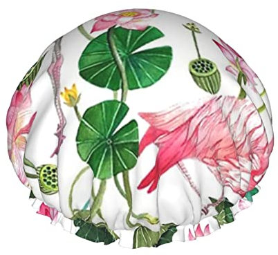 Flamingo Vogel Runde Blätter Druck Duschhaube für Frauen Wiederverwendbare Doppelschicht Stoff Duschkappen Mädchen Haarkappen