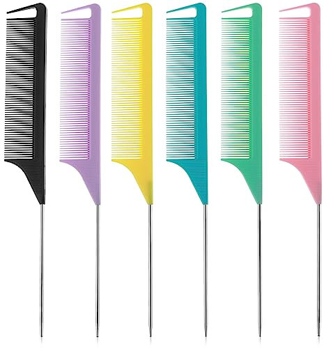 6Pcs Rattail Comb Metal Rat Tail Combs Fine Tooth Parting Combs with Stainless Steel Pintail for Braiding Hair Sectioning Teasing Styling(8.66 Inch)