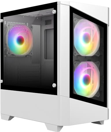CiT Level 1 Micro-ATX PC Gaming Case M/ATX with 30% Tint On Tempered Glass Panels with 3 x RGB Rainbow Fans Included | White