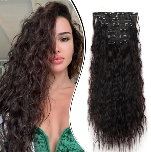 Dcbaboo Clip in Extensions mörkbrun hårdel hårförlängning vågig 6 st 50 cm förlängningsklämma i hårförlängningar som äkta hår, prisvärt hårförlängning syntetlockar långa