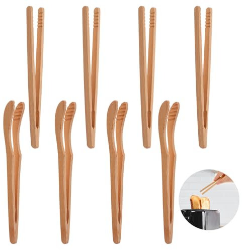 Molain 8 Stück Bambuszange, Bambus Küche Zange, Toast Küchenzange wiederverwendbare Kochzange Klein Grillzange für Hochzeit Party Büfett Grill Picknick Tee Gebäck Brot (4 gerade+4 gebogen)
