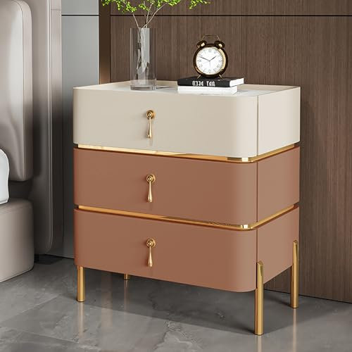 ZDMZR Nightstand with 3 Drawers, Modern Nightstand, Side Tables Bedroom, Rock Plates, Solid Wood Table, Metal Legs (Color : Beige orange, Size : 50cm/19.7in)