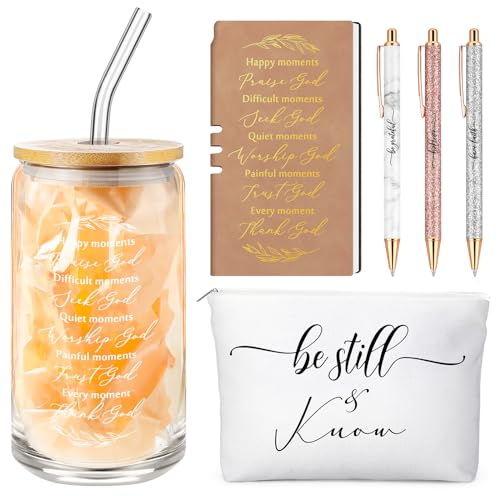 Spakon 6 Pcs Christian Gifts for Women Bible Verse A6 Leather Journal Notebook 16 oz Glass Cup Glitter Ballpoint Pen Makeup Bag Inspirational Gifts for Church Valentines(Brown)