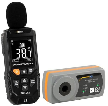 Decibelímetro integrador con calibrador acústico PCE-354-SC43 / Medición Peak/Ponderación de frecuencia A y C/Rango: 30 ... 130 dB/Función MAX-Hold/Memoria para 99 valores