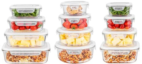 Innoteck Essentials 12pc Glass Storage Container Set - 4 x Round, 4 x Square, 4 x Rectangle - Snap Lock Lid - Airtight Lids - Heat & Cold Resistant Glass - Microwave, Oven, Freeze & Dishwasher Safe