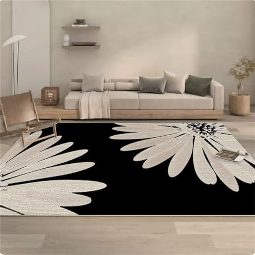 RUGMRZ Teppich Landhaus Teppich Motiv Schwarzer und weißer Teppich Kunst Blumendekoration Rechteck pflegeleicht rutschfest Flickenteppich Waschbar 90X150CM