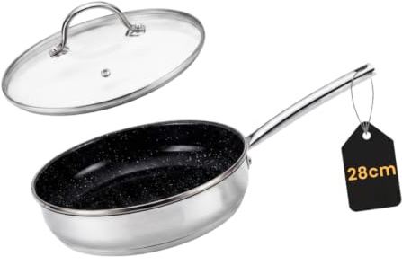 VENTEO Sauteuse Poele Inox 28 cm avec Couvercle | Poele Ceramique Tous Feux Induction | Cuisson Sans PFOA | Idéale pour Saisir, Mijoter, Revenir, Faire Sauter et Préparer Toutes Vos Recettes