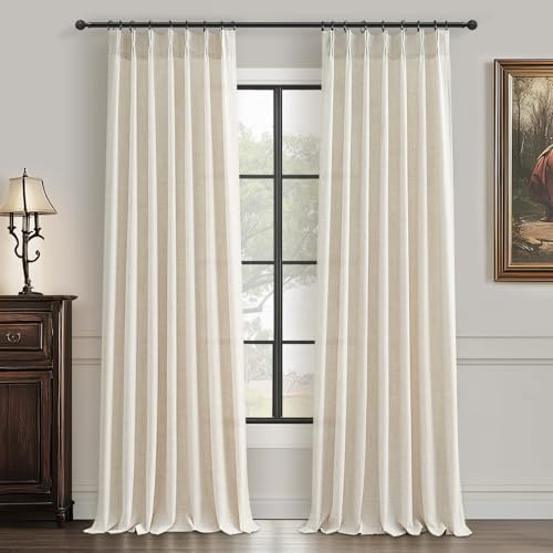 PleatedDrapes 102 Inch Long Curtains for Living Room, Light Filtering Privacy Pinch Pleated Curtain Back Tab for Track System Semi Sheer Drapes Cream Ivory Faux Linen Textured 40 W x 102 L 2 Panels