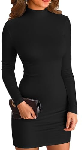 VICHYIE Women Black Dress Mock Neck Long Sleeve Bodycon Ribbed Fall Mini Little Pencil Club Cocktail Dresses XS