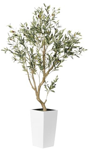 FEELEAD Künstlicher Olivenbaum, 152,4 cm, mit weißem Pflanzgefäß, künstliche Pflanzen mit Naturholzstamm, Oliven-Seidenbaum mit Topf für den Innenbereich