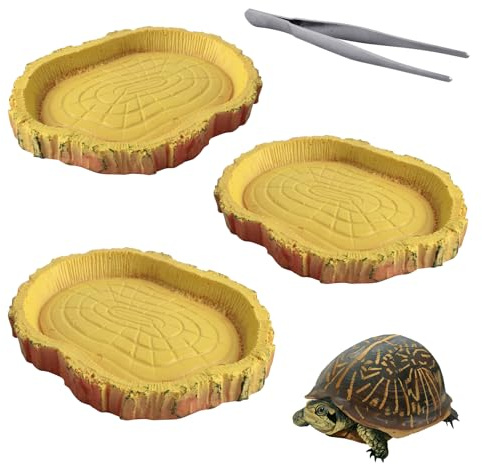 YFPOPONE 3 Pcs Tortoise Water Bowl, Reptile Bowl Made Of PVC, 11 * 8 * 1cm Tortoise Food Bowl, Bark-like Design Reptile Water Dish With A Reptile Tweezer, Bowls Accessories For Reptile Feeding