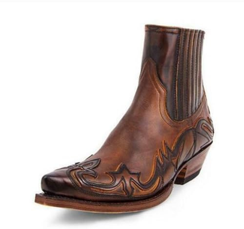 Cowboy ankelstövlar med spetsad tå för män Pull On Läder Mode Chelsea Boots Chunky Block Military Boots,A brown,41 EU