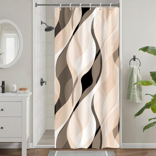 Uiiooazy Duschvorhang 90x180cm Anti Schimmel Gestreift Beige Gemustert | Duschvorhang Gradient Braun Streifen Wasserdicht Stoff Polyester Waschbar Bad Vorhang mit 6 Haken für Badezimmer Badewanne