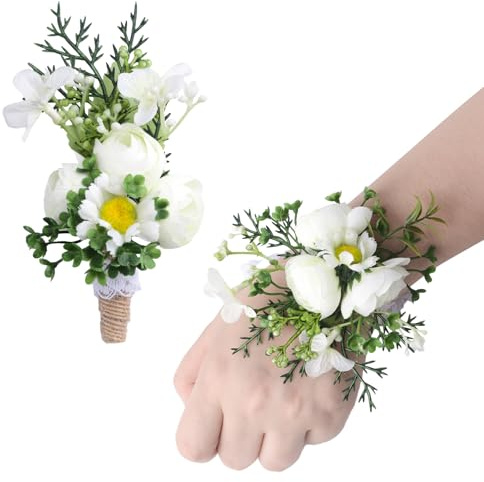 URROMA Set di 2 bouquet da polso con fiore artificiale, rosa bianca e margherita, nastro bianco, bouquet artificiale, braccialetto con rose finte