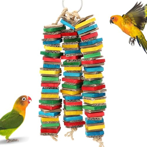 Juguetes Agapornis - Juguetes Masticables para Aves de Madera Natural y Colores Alimentarios, Diseño Único con Bloques de Madera y Cartón Unidos por Cuerda de Algodón