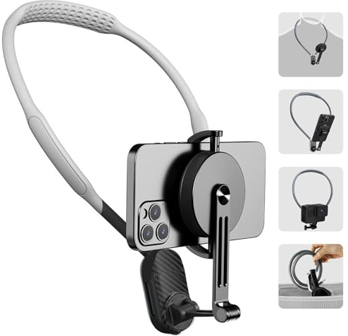 Yaskyly Magnetic Neck Phone Mount POV/Vlog Selfie Mount Neck Cell Phone Holder with Phone Safety Clip Hand Free Phone Neck Holder Chest Stand Strap for Running Gym Travel Daily Recording