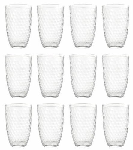 eMKay® Pack of 12 Reusable Dimple Plastic Tumblers (650ml) Clear Shatterproof Beakers for Water, Juice & Soft Drinks, Stackable Glasses, Durable PS Plastic– Ideal for Outdoor Use, Picnics, Camping etc