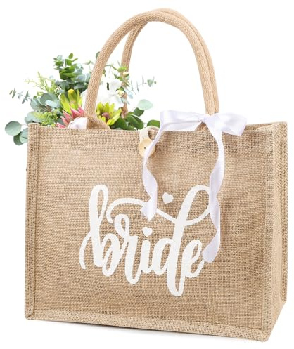 SUPRROW Bride Jute Tragetasche mit Schriftzug und Weiß Schleifenband,Bride Kosmetiktasche Braut Geschenk JGA Accessoires,aus Jute Braut Geschenk für Junggesellenabschied Hochzeit