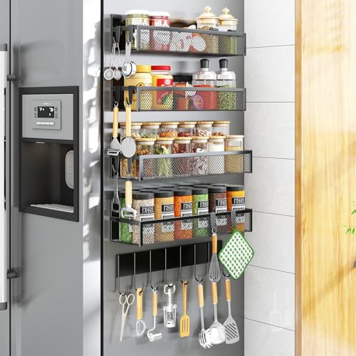 Aufworld Organizador Magnético de Especias para Frigorífico, Lote de 5 Estantes Magnéticos con Barra de 8 Ganchos Desmontables, Estante Ajustable para Nevera y Cocina (Incluye 8 Ganchos Extra)