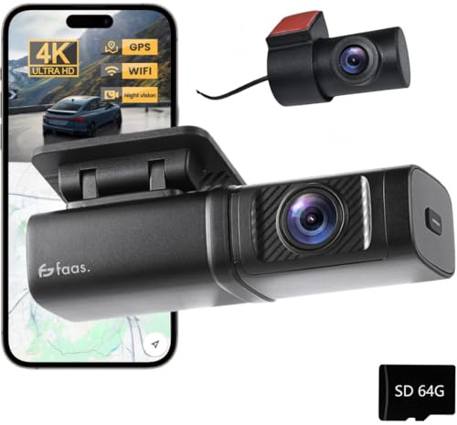 Faas S80 Dash CAM Coche 4K Delantera y Trasera – Cámara para Coche con Tarjeta 64GB Incluida, WiFi, Visión Nocturna, G-Sensor, Modo Parking & Gran Angular 160°