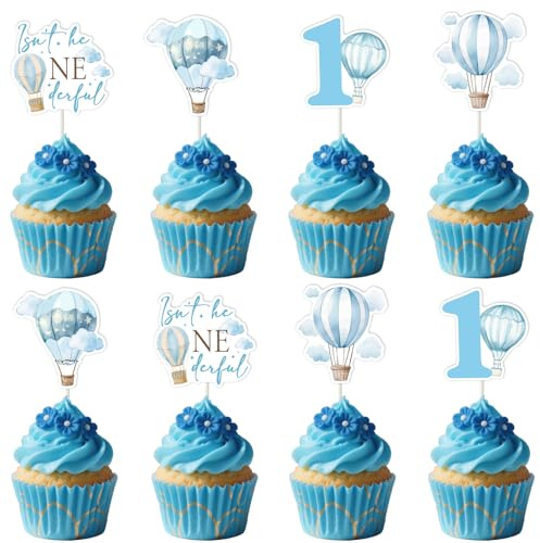 Hot Air Balloon 1st Birthday Decorations 24pcs Blue Isn't He Onederful Cupcake Toppers for Boy Clouds Hot Air Balloon Cake Decors Travel World Airplane Travel Adventure First Birthday Party Supplies
