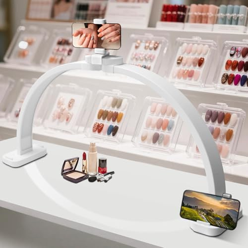 ANRUI Halbmond Lampe für Nägel mit Handyhalter: 30 Zoll LED Nageltisch Lampe Dimmbare mit 3 Farbmodi 10 Helligkeiten - 45W Faltbare Kosmetiklampe für Maniküre Tattoo Wimpernverlängerung - Weiß