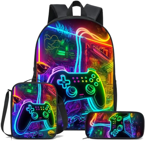 monTTese Set de 3 piezas mochila escolar niño y mochilas escolares adolescentes, mochila para amantes del gaming, bolsa de almuerzo y estuche para bolígrafos y lapiceros