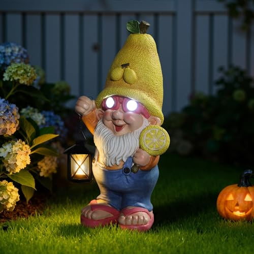 Hometopia 46cm Solar LED Zitronen-Wichtel Leuchtende Augen Gartenfigur Lustige Gartenstatue mit Beleuchtung –Wetterfeste Dekofigur Ideales Muttertagsgeschenk für Mama Oma Für Garten, Terrasse & Balkon