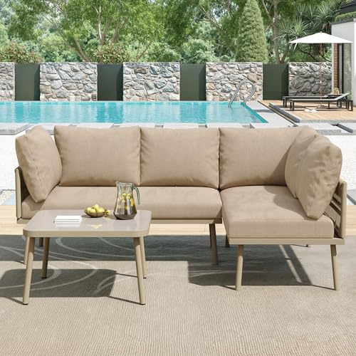 ZKLOEP Gartenmöbel-Set aus Eisen mit verstellbaren Füßen, 2 Sofas, 1 Tisch,Lounge-Set mit Sitzkissen, L-förmig, Khaki
