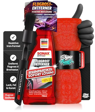 Shiny Freaks Lackreiniger Set: SONAX FlugrostEntferner (750 ml) entfernt Aggressive Flugrost-Rückstände sowie Industriestaub von Allen Lacken + Zubehör (4-teilig)
