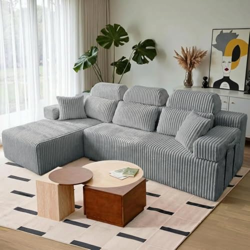 HOMRELEXA 270cm Corner Sofa with High Backrest, Corduroy Boneless Couch | L Shaped Sofa with Reversible Chaise for Left or Right, 85cm Deep Seat, 3 Seater Modular Sofas for Living Room(Grey)
