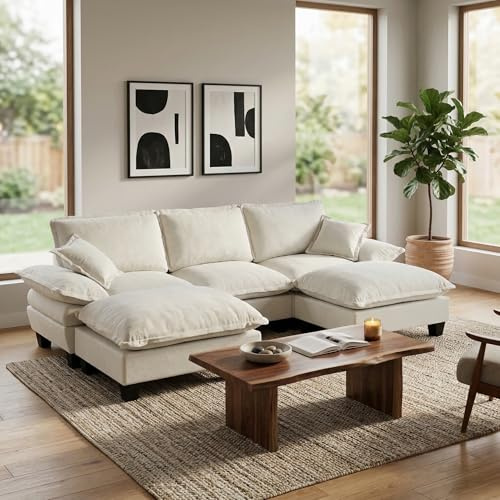 Luscriate Modulares Ecksofa Beige U–Form Cloud Couch mit beweglichem Ottomanen, Chenille-Bezug & 2 Kissen, modernes Wohnzimmer Sofa 3-Sitzer+2 (Beige, 3-Sitzer+2)