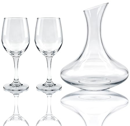 1500ml Wine Decanter Set with 2 x 320ml Red Wine Glasses, Lead-Free Glass Wine Carafe with Slanted Pouring Rim, Wide Base Wine Aerator for Home Dining, Dinner Parties & Everyday Entertaining