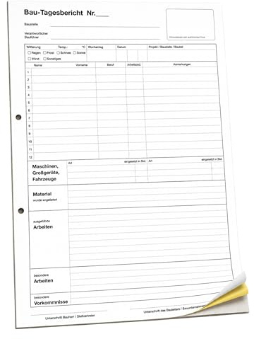 Druckerei Scharlau 10x Bau-Tagesbericht, Baubericht DIN A4, 2-fach selbstdurchschreibend, 2x50 Blatt weiß/gelb - gelocht (22235)