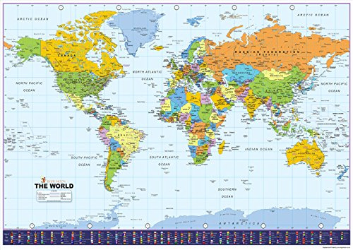 World Map with Flags - Vinyl - Size A0-84.1 x 118.9 cm | Detailed Laminated Wall Map, Ideal For Home, Office Or Classroom Display.