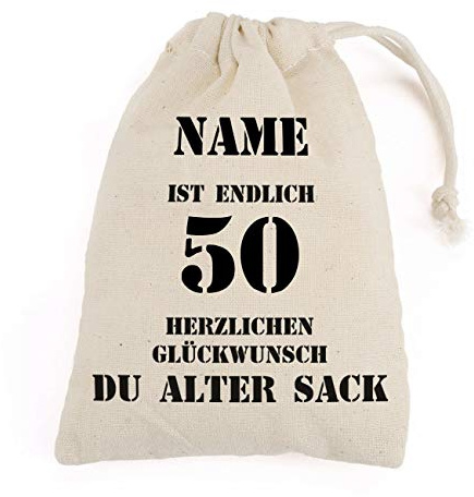 Herz & Heim® Kleiner Geschenkbeutel - Alter Sack - mit Namen des Geburtstagskindes bedruckt 50. Geburtstag