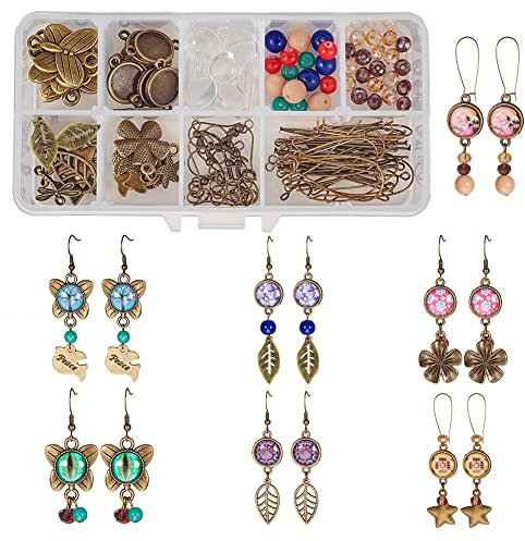 SUNNYCLUE 1 Box DIY 10 Paare 12mm Glaskuppel Cabochon Ohrringe Machen Starter-Kits Foto Schmuckzubehör Handwerk Ohrring Draht Haken,Fassungen für Cabochon,Charm-Perlen,Antik Bronze