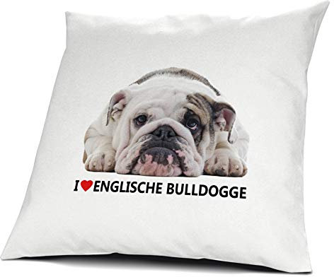 printplanet® Kopfkissen Englische Bulldogge, Kissen mit Füllung I Love Englische Bulldogge, 40 cm, 100% Baumwolle