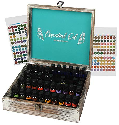 J JACKCUBE DESIGN Aufbewahrungsbox für ätherische Öle, Organizer mit 70 Schlitzen, rustikaler Holzölhalter, Vitrine für 5, 10, 15 ml ätherische Ölflaschen & 10 ml Rollen – MK588A