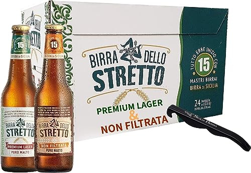 Sicilia Bedda - BOX DEGUSTAZIONE BIRRA DELLO STRETTO NON FILTRATA E PREMIUM LAGER - 12 Bottiglie per Tipo - 24 x 33 con Apribottiglia Sicilia Bedda