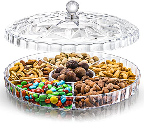 ZOOFOX Snack-Serviertablett, 30.5 cm Vorspeisen-Tablett mit Deckel, 6 Fächer, rund, Kunststoff, Lebensmittelaufbewahrung, Süßigkeiten, süße Kekse und Früchte (transparent)