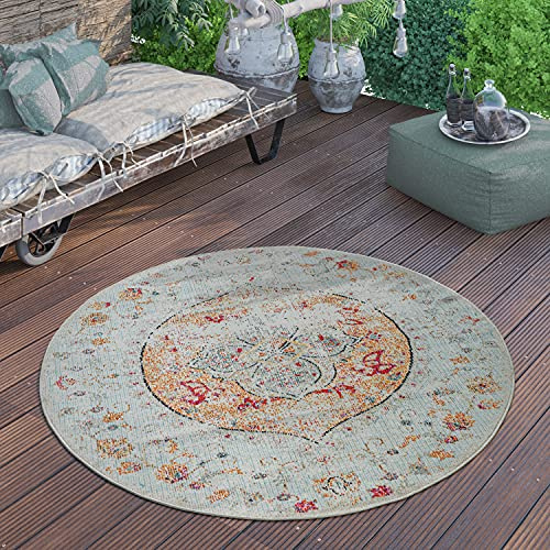 Paco Home Outdoor Teppich Rund Wetterfest Balkon Terrasse Küchenteppich Modern Vintage Pastell, Grösse:160 cm Rund, Farbe:Bunt