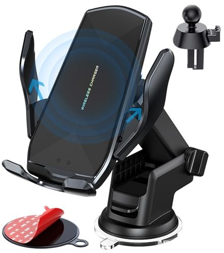 Wireless Car Charger Mount, 15W Qi Fast Charging Auto-Clamping Cell Phone Car Holder ​Air Vent Windshield Dashboard Long Arm Suction Cup Car Phone Mount for iPhone13 /12/11 Samsung S20/S10/S9/S8 LG