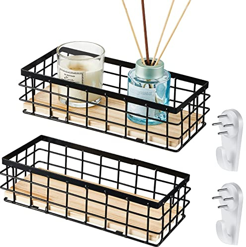 Funrous 2 Pcs Metal Small Wire Basket Wall Hanging Wire Basket Hang Small Bathroom Kitchen Storage Organizer Toilet Paper Mesh Storage Bin Shelf Rack with Base(Black,9.84 x 3.94 x 2.76 Inches)