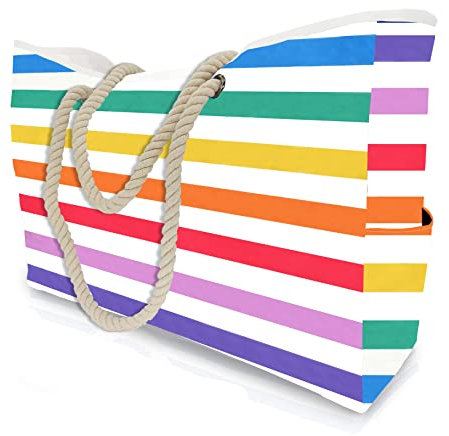 MULTIONS Extra große XXL Strandtasche Damen Tragetasche mit wasserdichtem Reißverschluss Oben, 7 Taschen für Reisen, Fitnessstudio, Schwimmen und Strandurla(XL, Colorful Stripes)