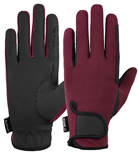 AFE Ladies Horse Riding Gloves Track Fabric Gloves Synthetic Leather Equestrian Black Stretch Fabric Pink Purple Lilac Grey Burgundy