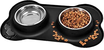 Dog Bowls, Puppy/Cat Bowl LaiEdua Stainless Steel Double Bowl Set | Dog Bowl with Non-Spill/Non Slip Silicone Mats Tray for Dogs Puppies Cats Food Water Feeding (M,2 x 400ml Each Bowl) black)