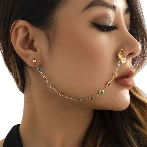 Inateannal Punk Gefälschte Nasenring Mit Bunten Kristall Baumeln Nase Hoop Ring Und Kette - Non Piercing Manschette Nase Zu Ohr Faux Body Nasenring Indischen Schmuck Für Frauen Mädchen