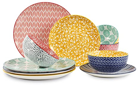 Selamica Ceramic Dinnerware Sets, 12-Pieces Plates and Bowls Sets, Scratch Resistant Dishes set for 4, Dishwasher & Microwave Safe, Assorted Colors